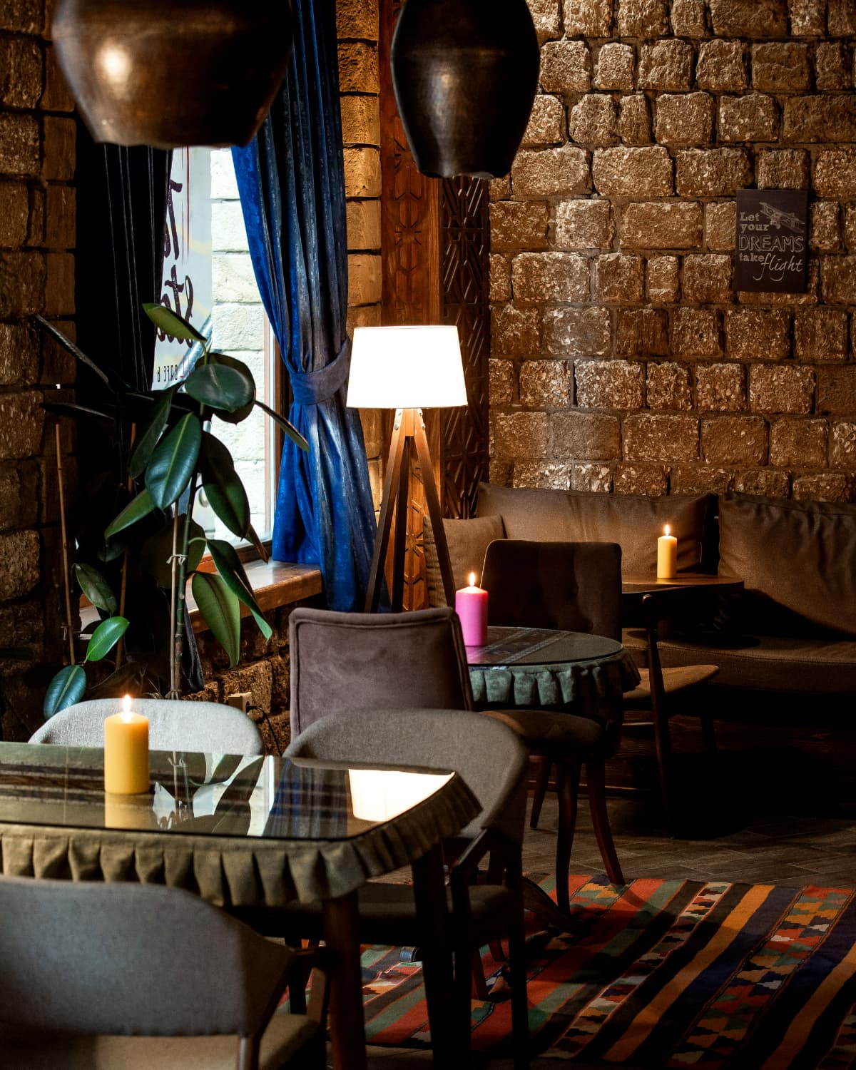 Comforting interior image of the restaurant with warm lighting
